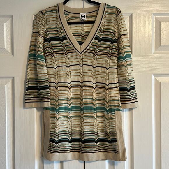 M Missoni Multicolor Knitted V-Neck Long Sleeve Wool Blend Striped Dress - Picture 1 of 8